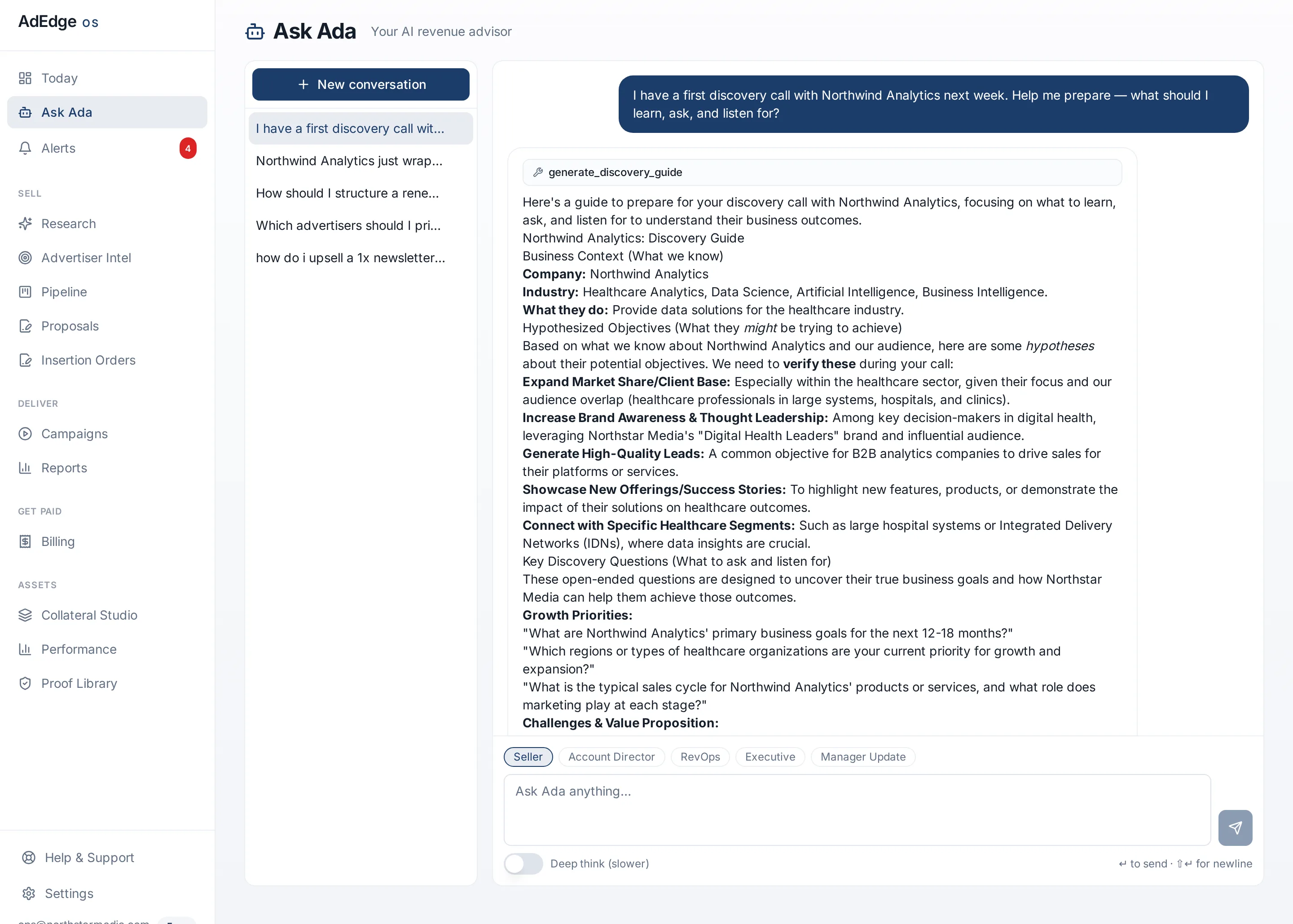 Ask Ada inside AdEdge OS: Ada preparing a publisher seller for an advertiser discovery call